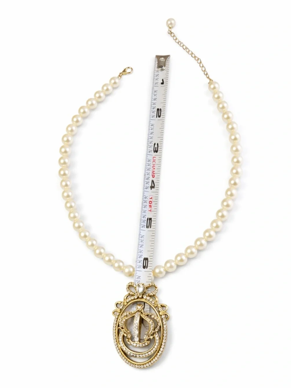 Vintage Faux Pearl Necklace Crown Pendant Rhinestone Gold Tone Royal Core
